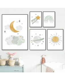 Plakater - Sol, Måne, Stjerne og Planet / Sæt med 5