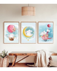 Plakater - Pastel kaniner og måne / Sæt med 3