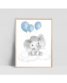 Plakat - Elefant med Balloner / Blå