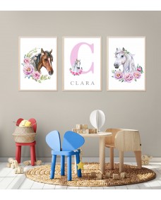 Plakater - Hest med Blomster / Personliggjort / Sæt med 3