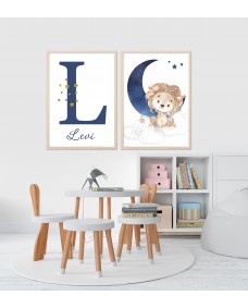 Plakat - Løve og en blå måne / Personlig / Sæt med 2