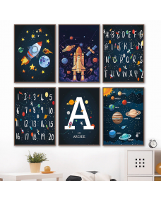 Plakater - Planeter, Raketter, Alfabeter og Tal / Personliggjort / Sæt med 6