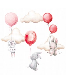 Wallsticker - Kaniner med balloner og skyer / Rød