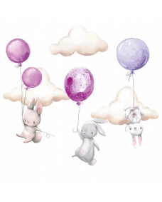 Wallsticker - Kaniner med balloner og skyer / Purper