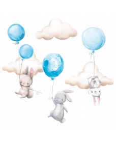 Wallsticker - Kaniner med balloner og skyer / Blå