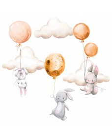 Wallsticker - Kaniner med balloner og skyer / Orange