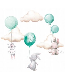 Wallsticker - Kaniner med balloner og skyer / Grøn