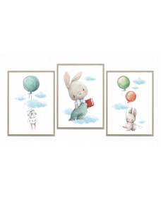 Plakater - Kaniner med balloner / Sæt med 3