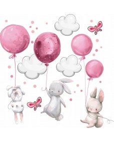 Wallsticker - Kaniner med balloner og sommerfugle / Lyserød