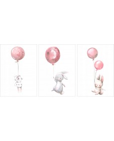 Plakater - Kanin med lyserøde balloner / sæt med 3