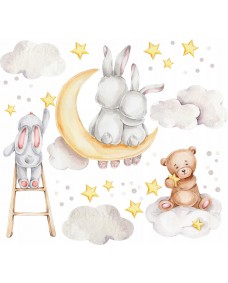 Wallsticker - Bjørn og kaniner i måne og skyer