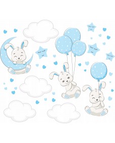 Wallsticker - Kaniner med skyer og balloner / Blå