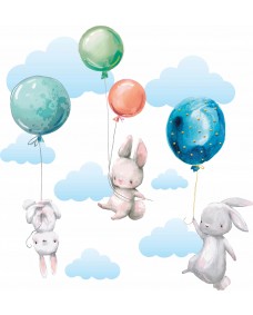 Wallsticker - Kaniner med balloner og skyer