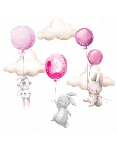 Wallsticker - Kaniner med balloner og skyer / Lyserød