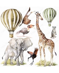Wallsticker - Savannah Africa elefant, giraf, luftballon