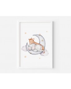 Plakat - Babygiraf og elefant sover i månen