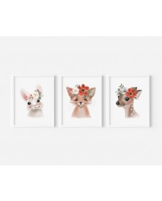 Plakater - søde dyr med blomsterkrans / sæt med 3