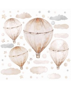 Wallsticker - Biege pastel luftballon med skyer og stjerner