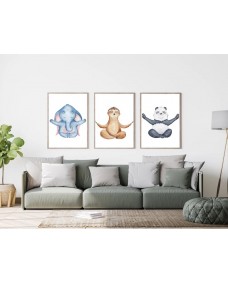 Plakater - Mediterende dyr - dovendyr, panda, elefant / sæt med 3