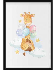 Plakat - Giraf med balloner i skyerne