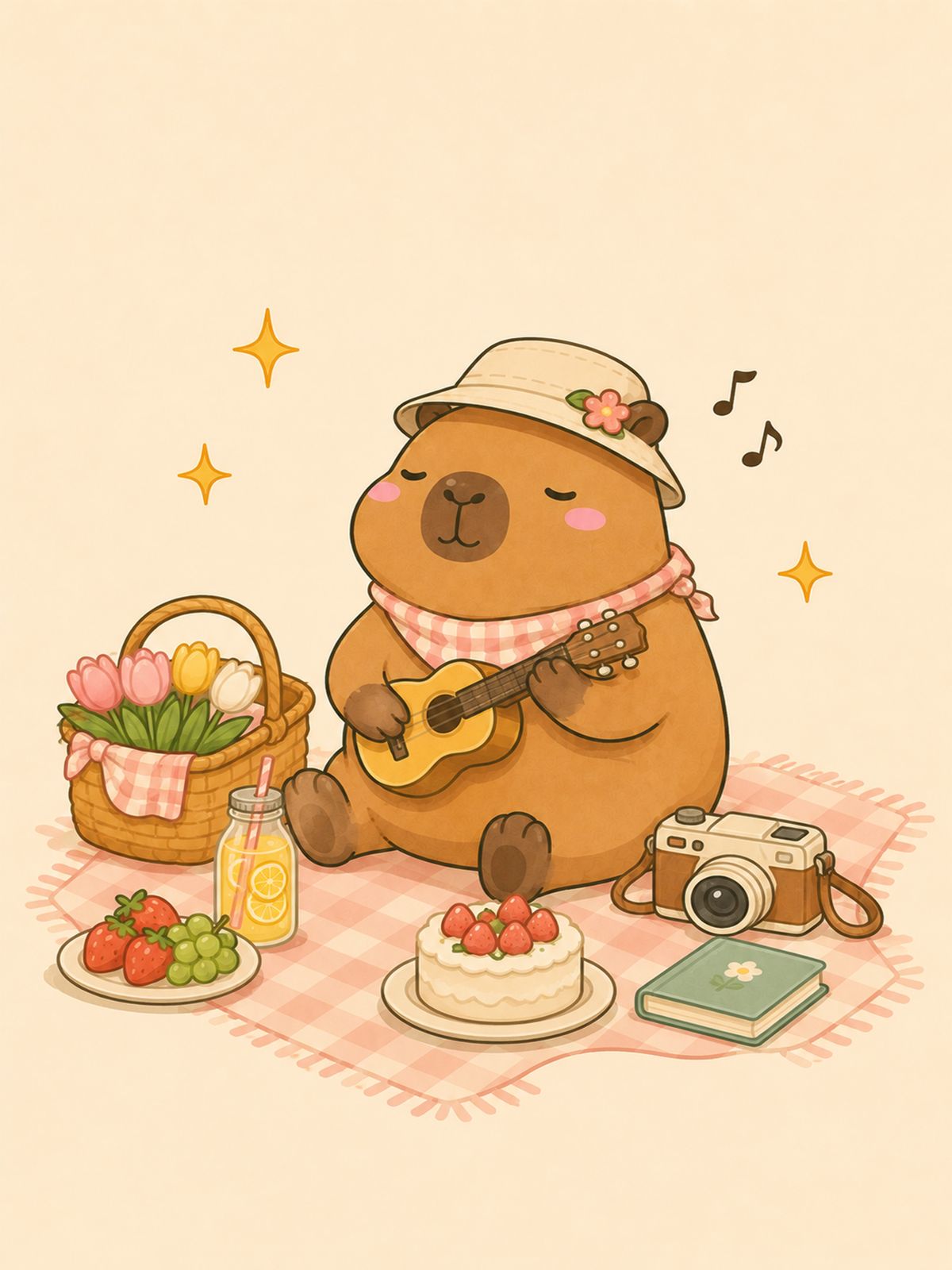 Plakat - Kapivar på picnic med guitar