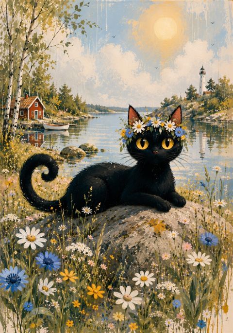 Plakat - Sort Kat i Blomster